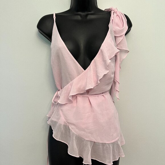 NWT Urban Outfitters Pink Belle Ruffle Wrap Top, Size Small - Picture 3 of 15